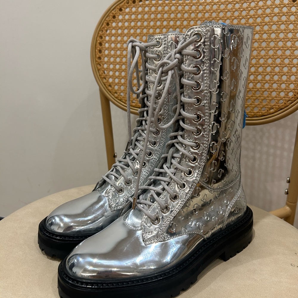 Jimmy Choo Silver Cora Mirrored High Top Leather Boots